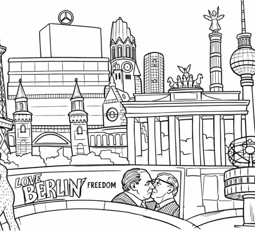 Dieses detailreiche Motiv vereint die bekanntesten Wahrzeichen Berlins zu einer ausdrucksstarken Skyline