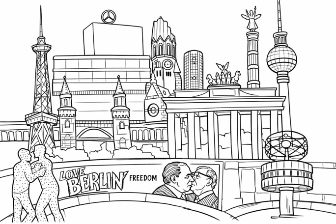 Dieses detailreiche Motiv vereint die bekanntesten Wahrzeichen Berlins zu einer ausdrucksstarken Skyline