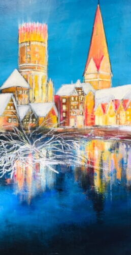 Kunstdruck Weihnachtszeit in Lüneburg an der Ratsmühle von Karin Greife