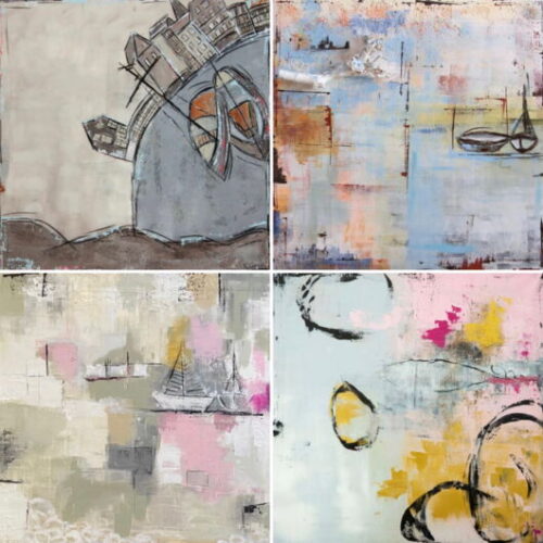 4 quadratische Motive mit Menschen als Mini-Drucke im & 4 Kunstpostkarten als Paket 10