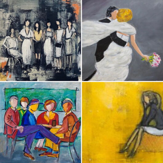 4 quadratische Motive mit Menschen als Mini-Drucke im & 4 Kunstpostkarten als Paket 8