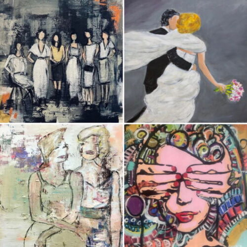 4 quadratische Motive mit Menschen als Mini-Drucke im & 4 Kunstpostkarten als Paket 9