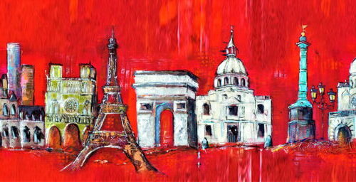 Kunstdruck Skyline von Paris, der Stadt der Liebe vor rotem Hintergrund