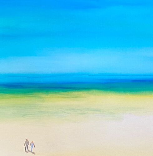 Der Kunstdruck zeigt ein Paar an einem weiten einsamen Strand in leuchtenden und zugleich sanften Farben - blauer Sommerhimmel und heller Sandstrand, türkises Wasser.