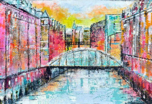 Kunstdruck zeigt in fröhlichen Farben die Speicherstadt Hamburg.