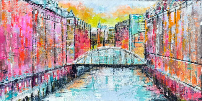 Kunstdruck zeigt in fröhlichen Farben die Speicherstadt Hamburg.
