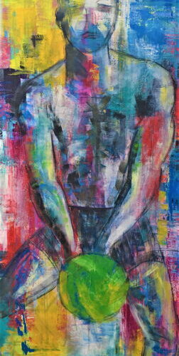 Das Bild zeigt einen jungen, muskulösen Mann mit nacktem Oberkörper und kurzer Hose mit einem grünen Ball. Das Bild ist in kräftigen Farben gemalt.