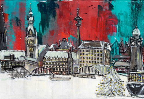 Kunstdruck Panorama von Hamburg mit Alster in weihnachtlicher Atmosphäre