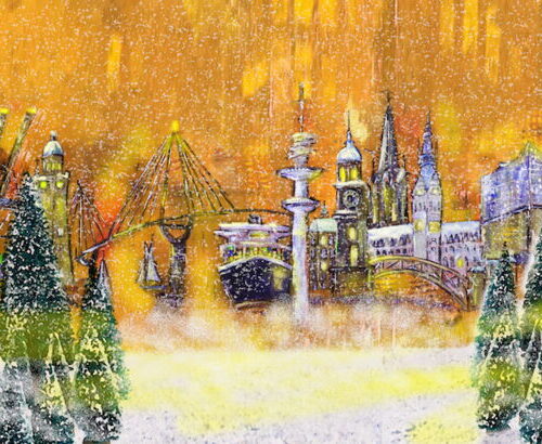 Kunstdruck Skyline von Hamburg mit einigen der Wahrzeichen der Stadt zur Weihnachtszeit: