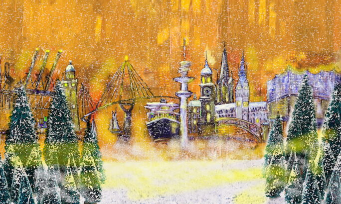 Kunstdruck Skyline von Hamburg mit einigen der Wahrzeichen der Stadt zur Weihnachtszeit: